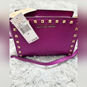 Michael Kors “Selma” Studded Saffiano Leather Crossbody Bag in Pomegranate, NWT